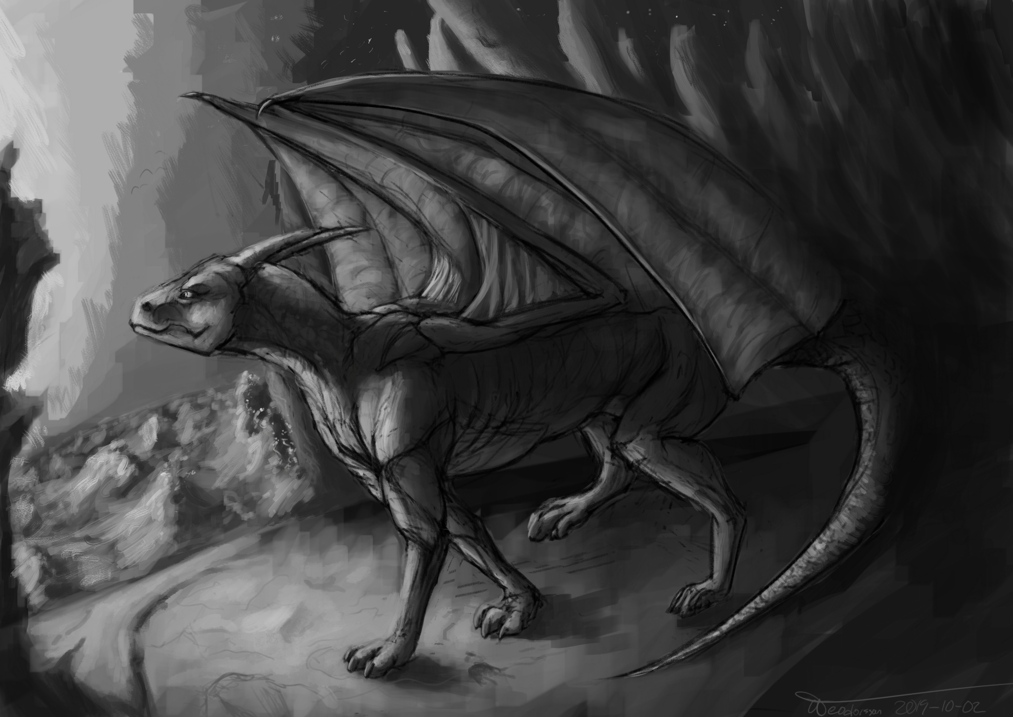 Dragon looking out over the sea.