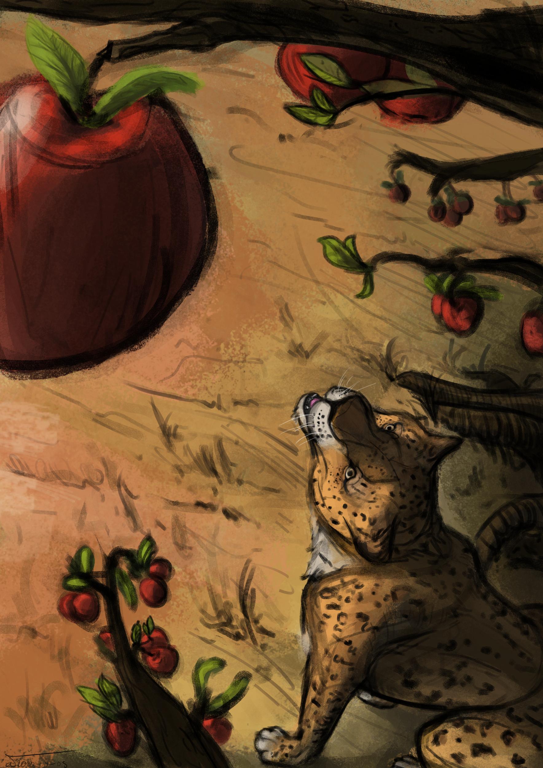 Drawing of a leopard looking at an apple high above