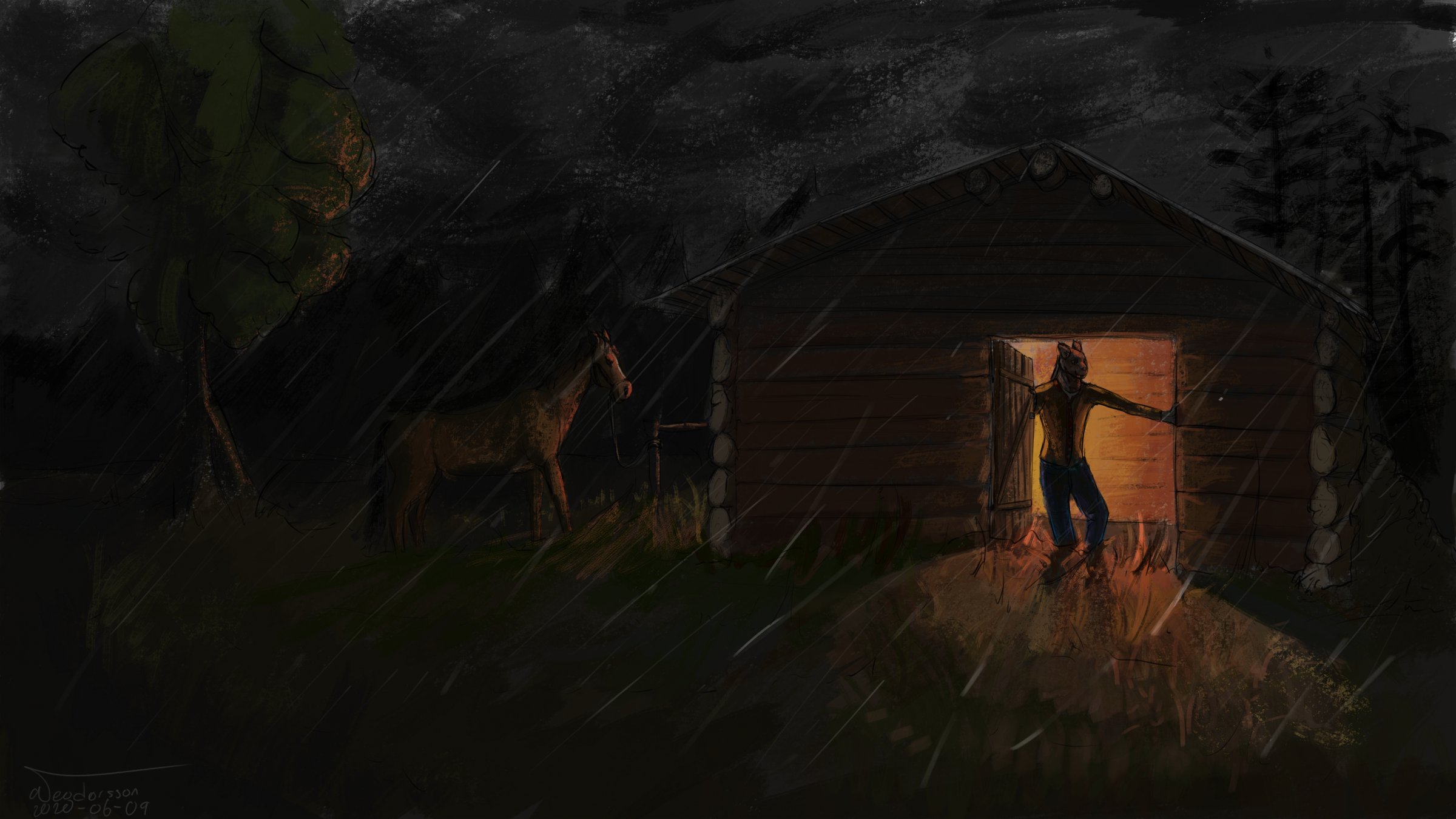 Drawing of a barn in the night