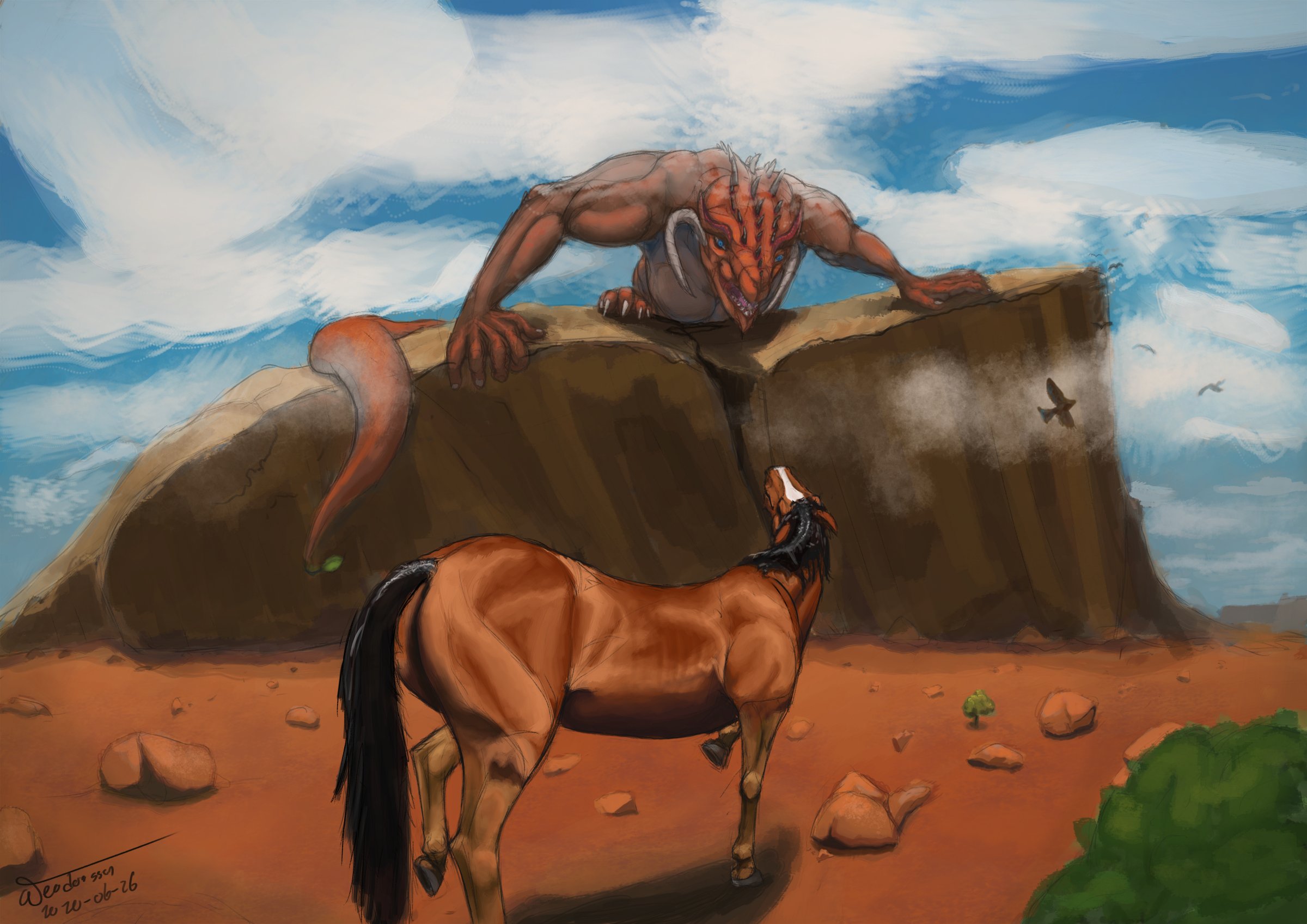 Horse in the desert with a dragon on a cliff