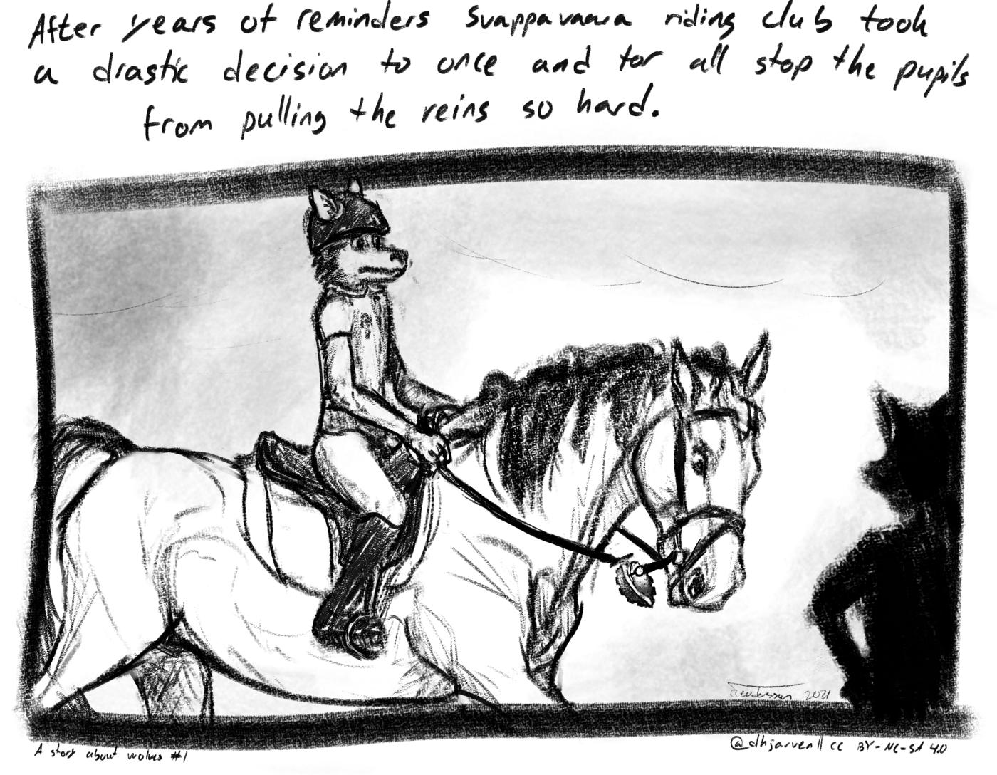 A drawing of a horse and a rider, with the reins holding a live grenade in its pin.