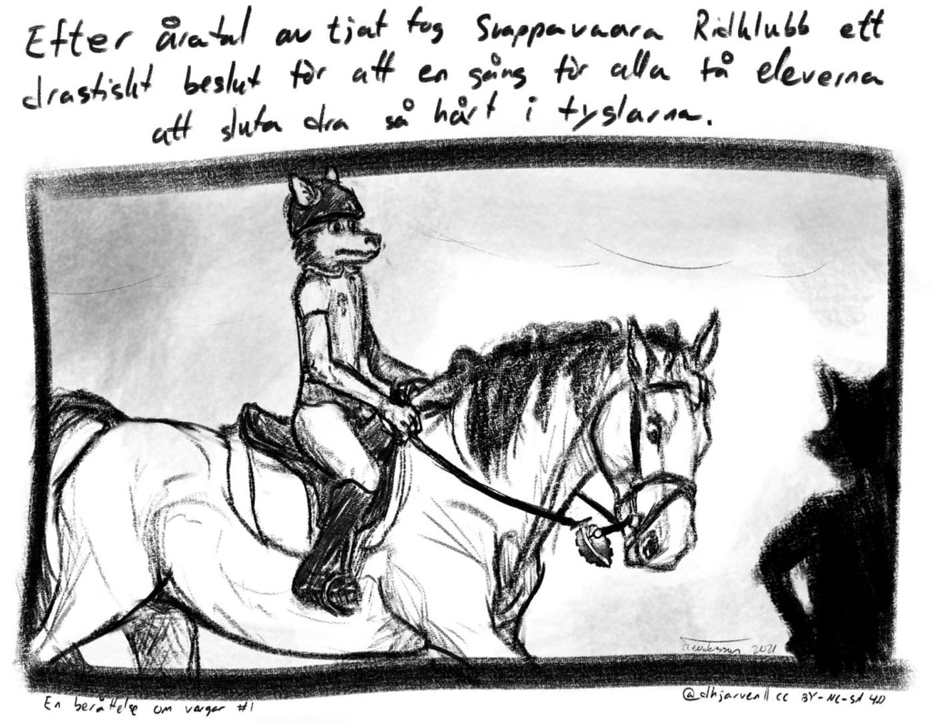 En sketch av en häst och ryttare, med en handgranati tyglarna som sitter fast i pinnen