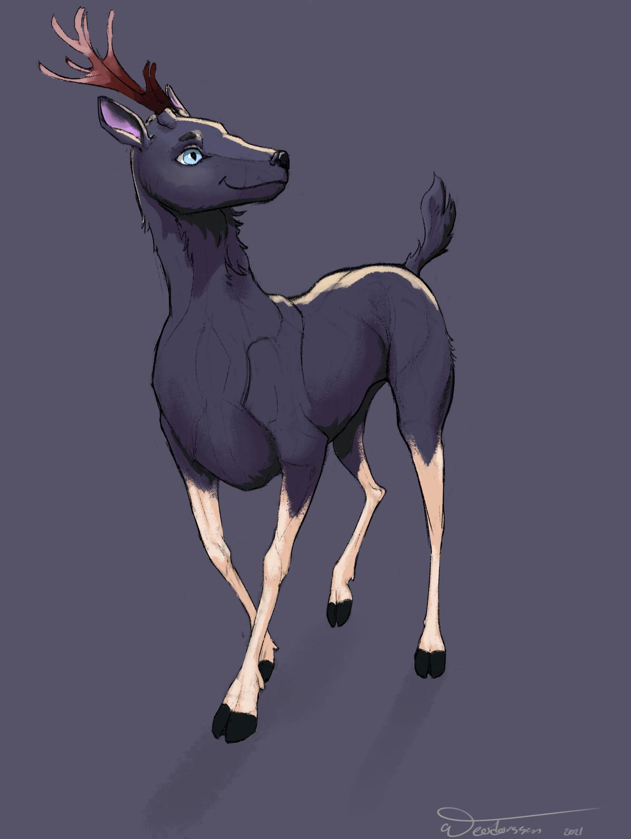 drawing of a deer with bright legs and a darker purple upper body