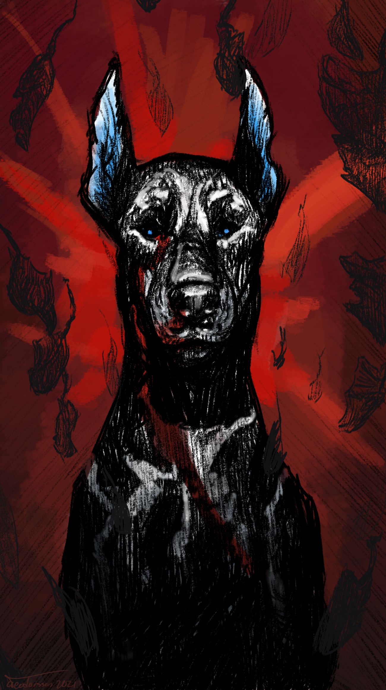 A sketch of a doberman with a red background with a few shades of blue on the dog
