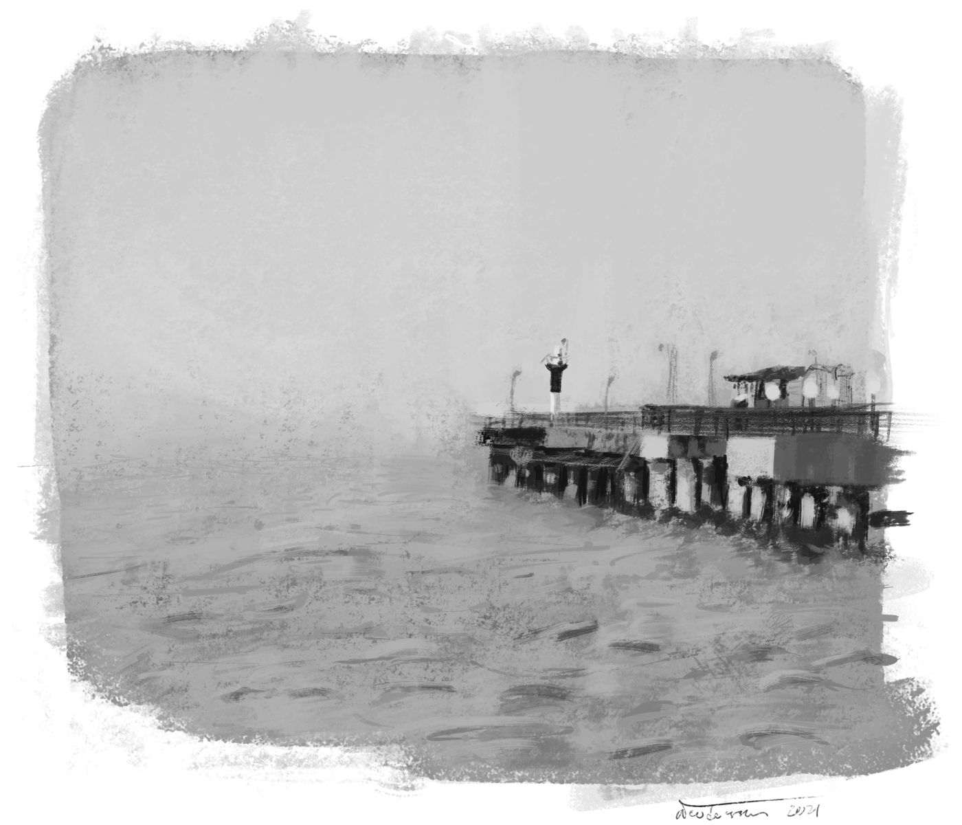 Svartvit målning av en pir mot öppet hav