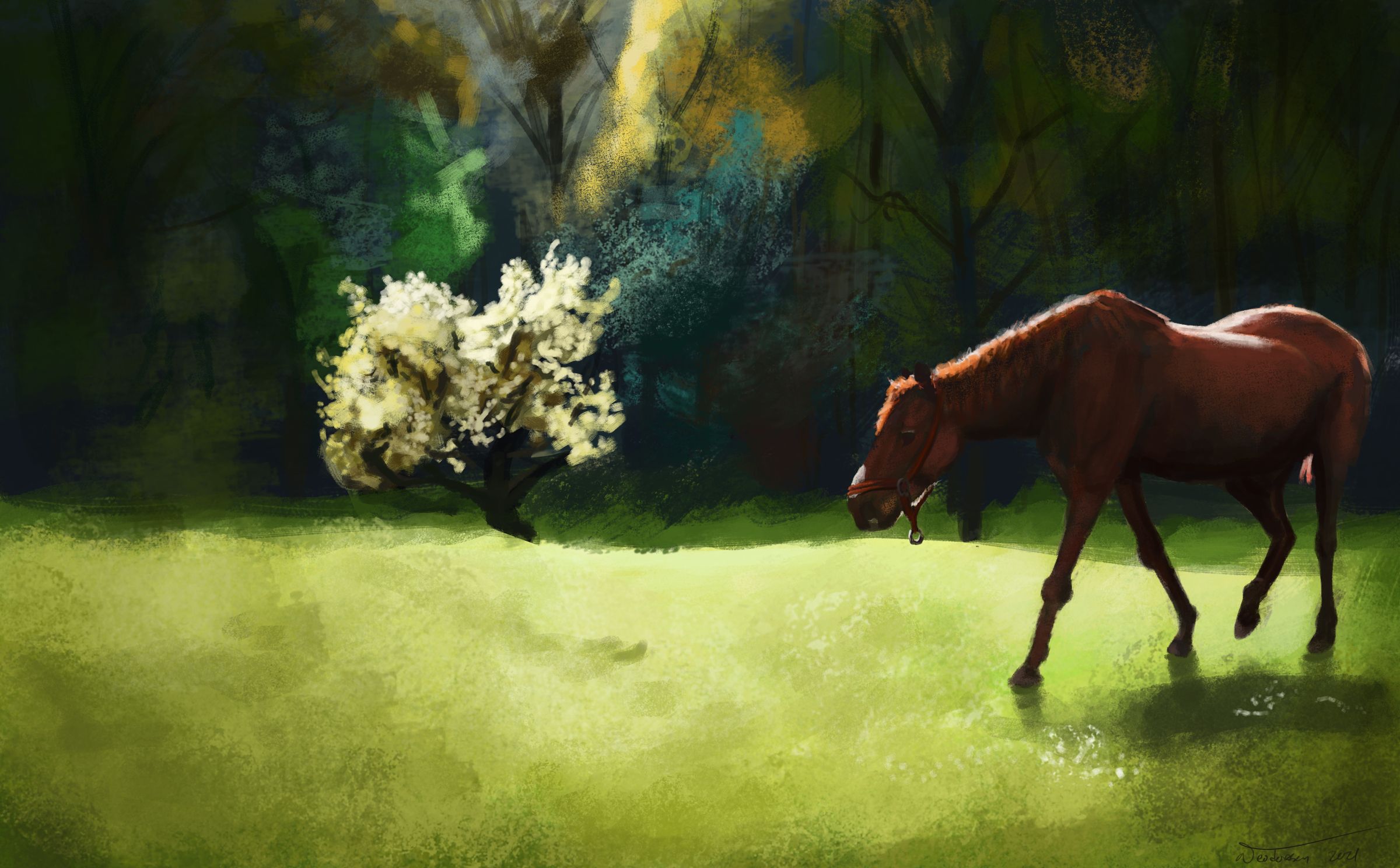 Drawing of a bright yellow-ish field, with a dark brown horse in the foreground, and a tree in the sunlight in the background. Dark woods fill the rest of the background.
