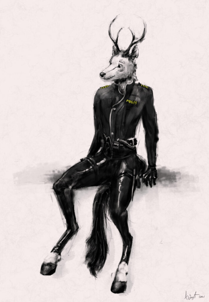 Sketch of a sitting anthro deer in a black suit