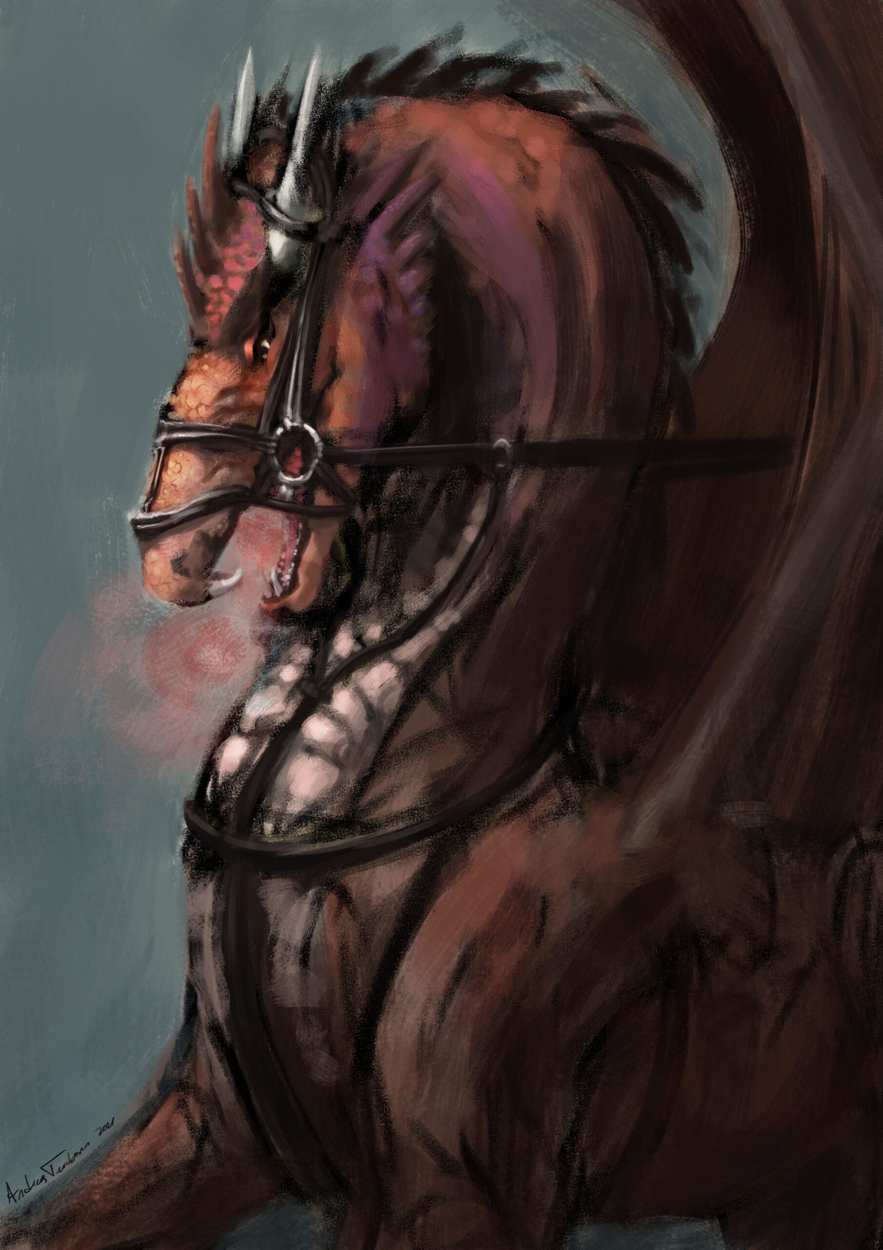 Drawing of a red dragon in a bridle, not looking too pleased
