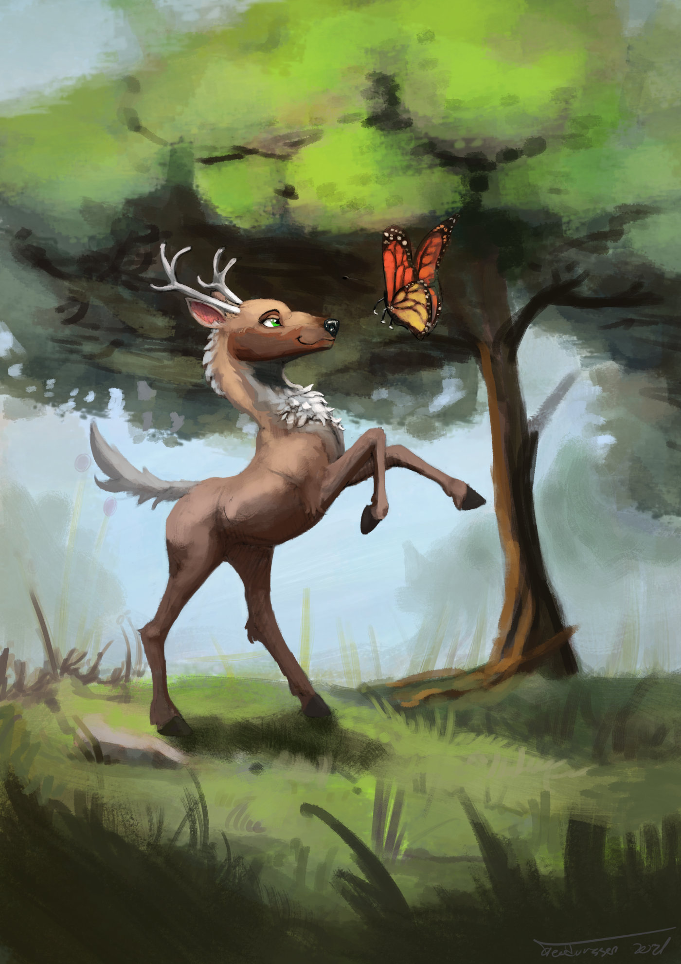 Drawing of a deer standing on its hind legs playing with a large butterfly