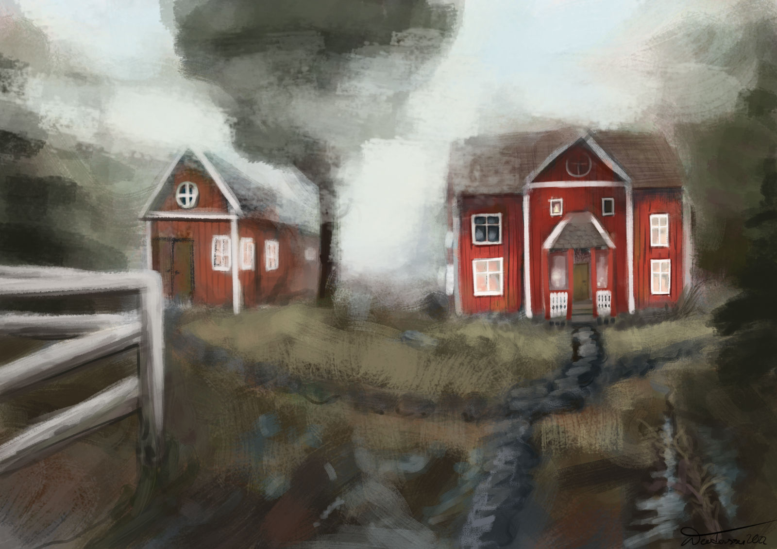 Målning över en röd stuga med rött stall bredvid i dimma. Ett stort träd står mellan byggnaderna. Marken är lerig och till vänster i bild finns en hage med vitt staket