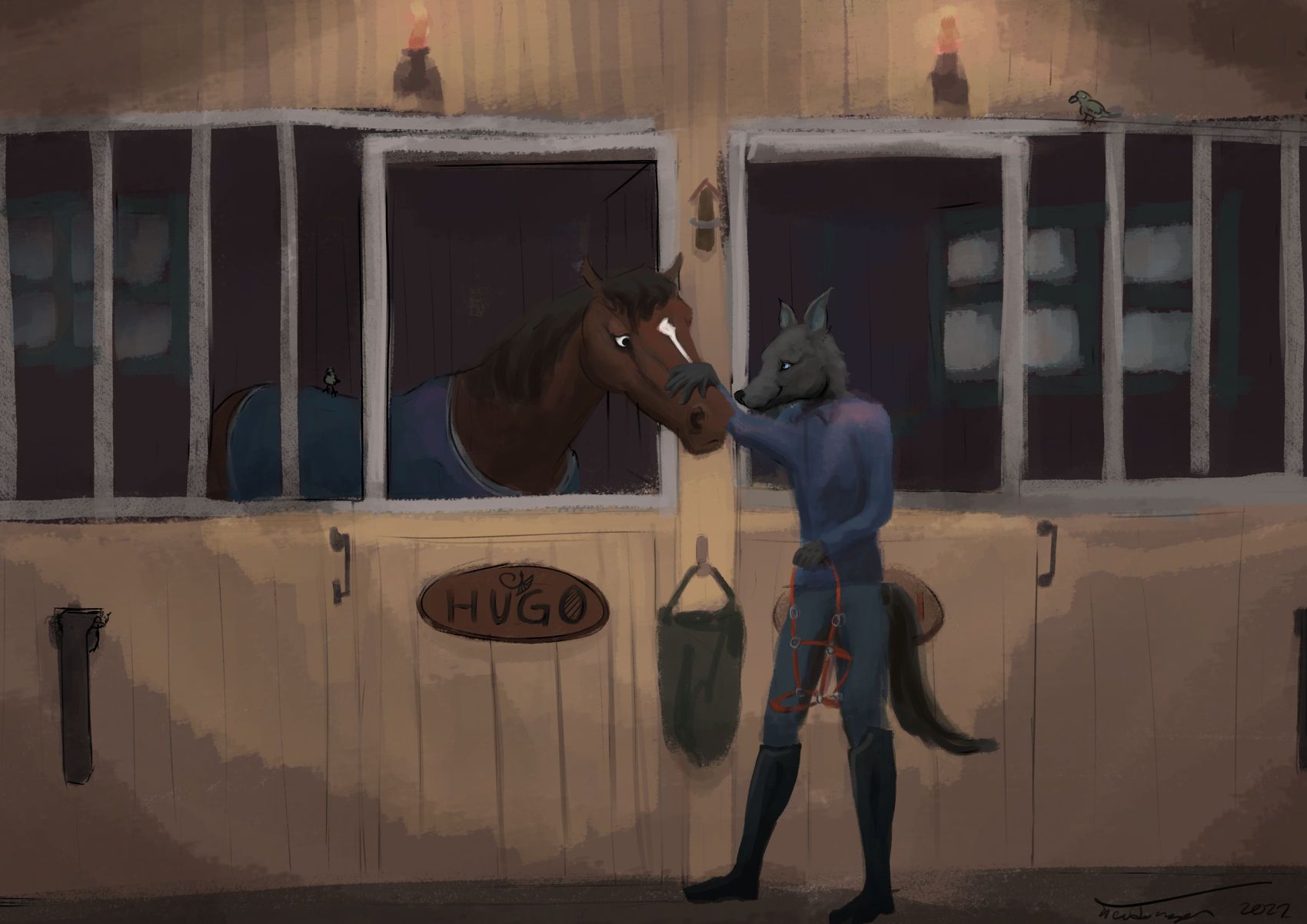 Målning över Hugo och Edvard i stallet, upplyst av två svaga lampor på stallväggen. Hugo står i boxen och Edvard står utanför med en röd grimma i handen, med den andra handen på Hugos nos. Båda tittar på varandra