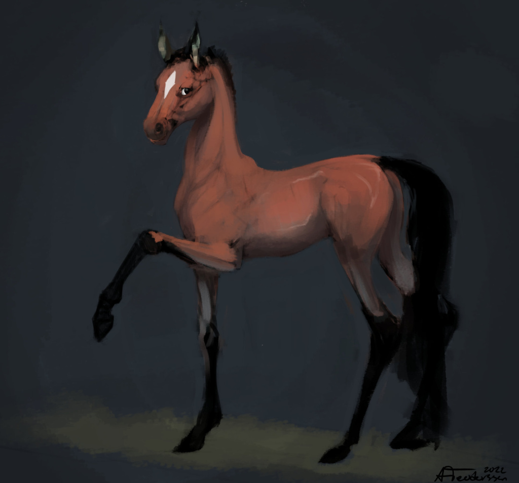 Drawing of a red-brown horse on a simple dark blue background. The horse has its left front leg lifted, looking backwards