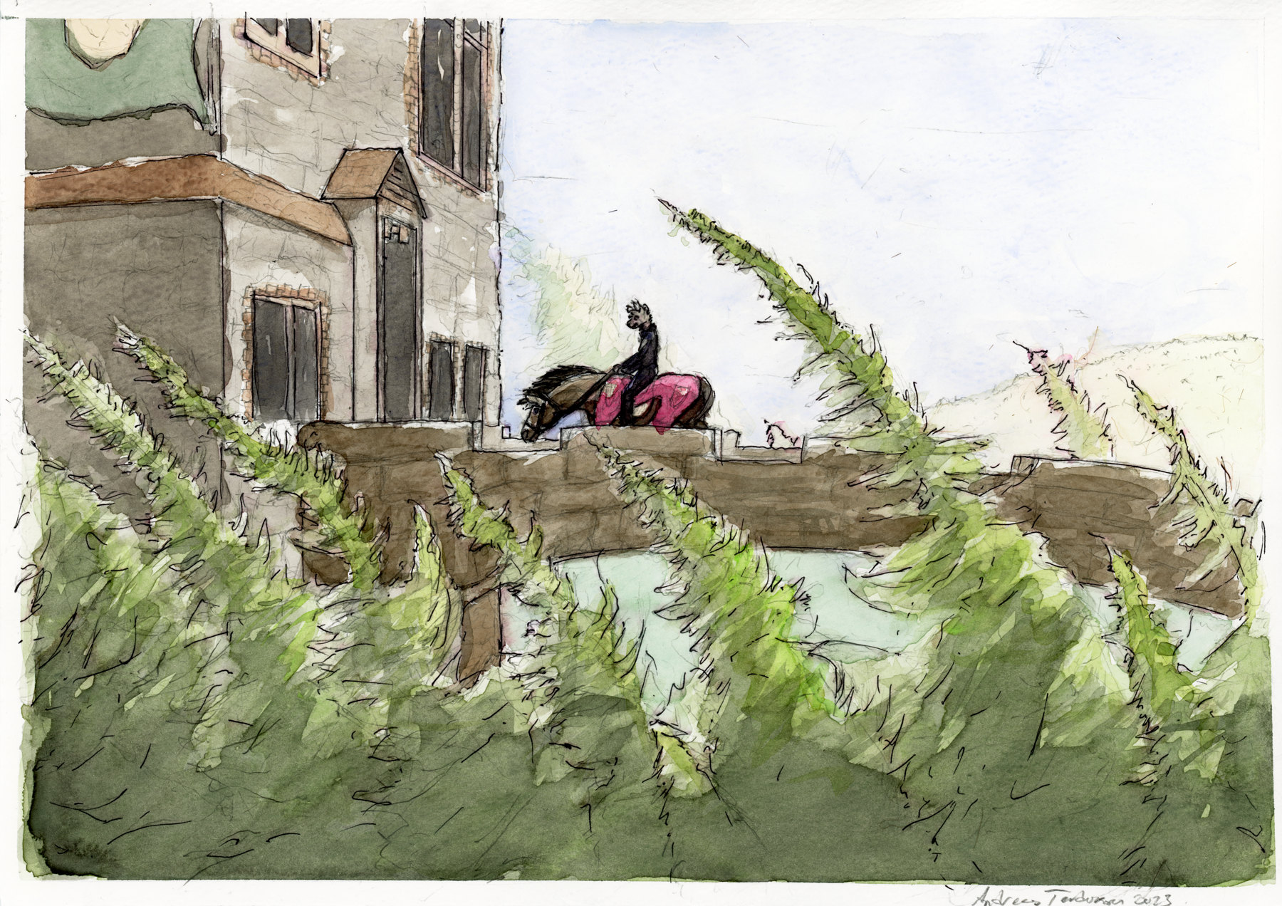 A watercolour painting of a wolf on a horse riding towards a castle on a windy day