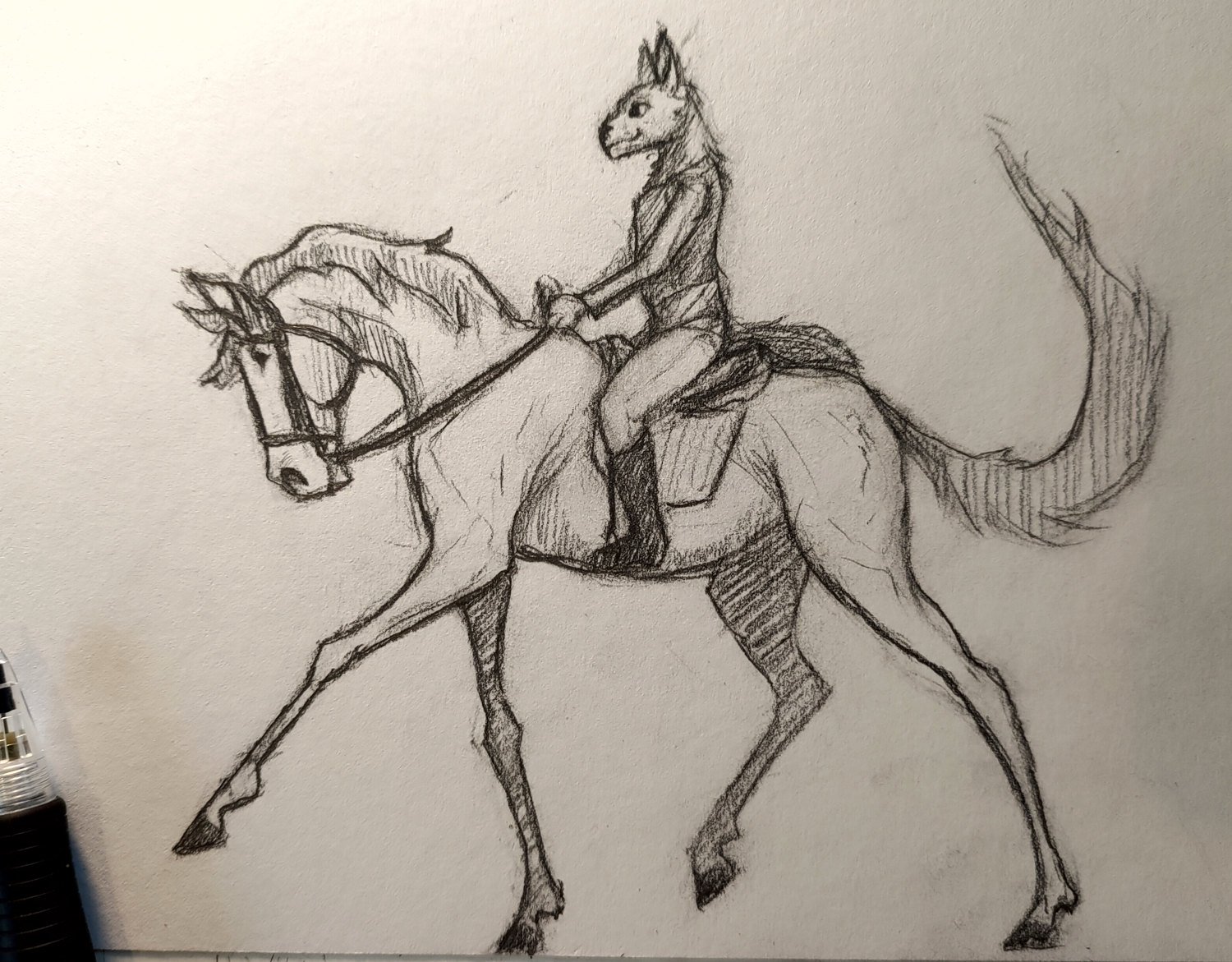 A pencil sketch of an anthro wolf on a horse
