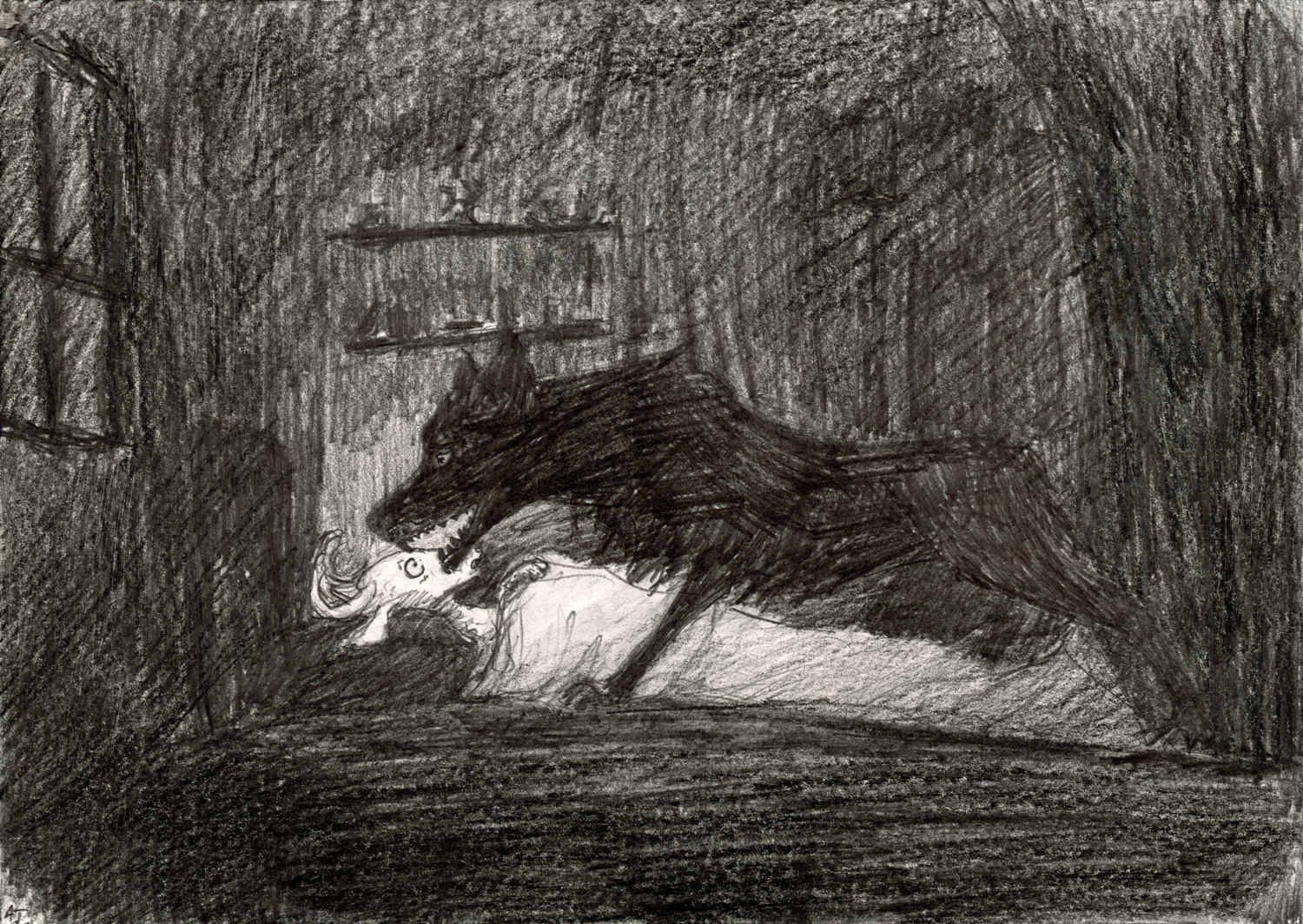 En teckning över ett mörkt rum med en varg som lutar sig över en hjort i sängen