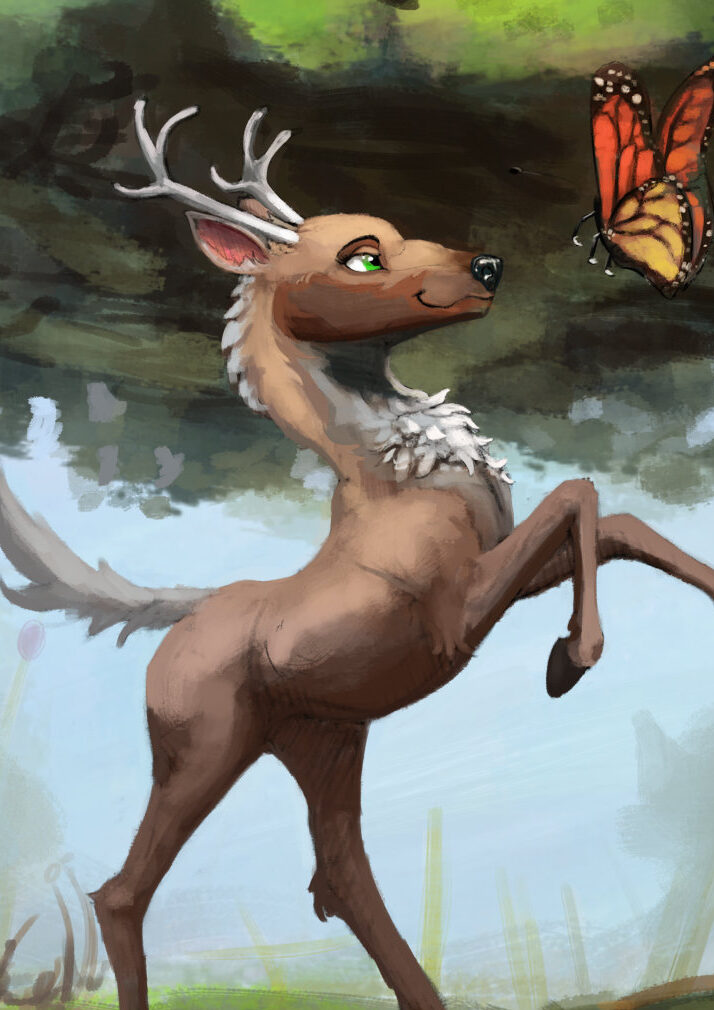 Drawing of a deer standing on its hind legs playing with a large butterfly