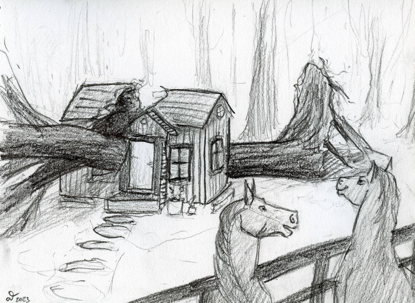 Sketch av två hästar som kollar på ett träd som vält över en stuga