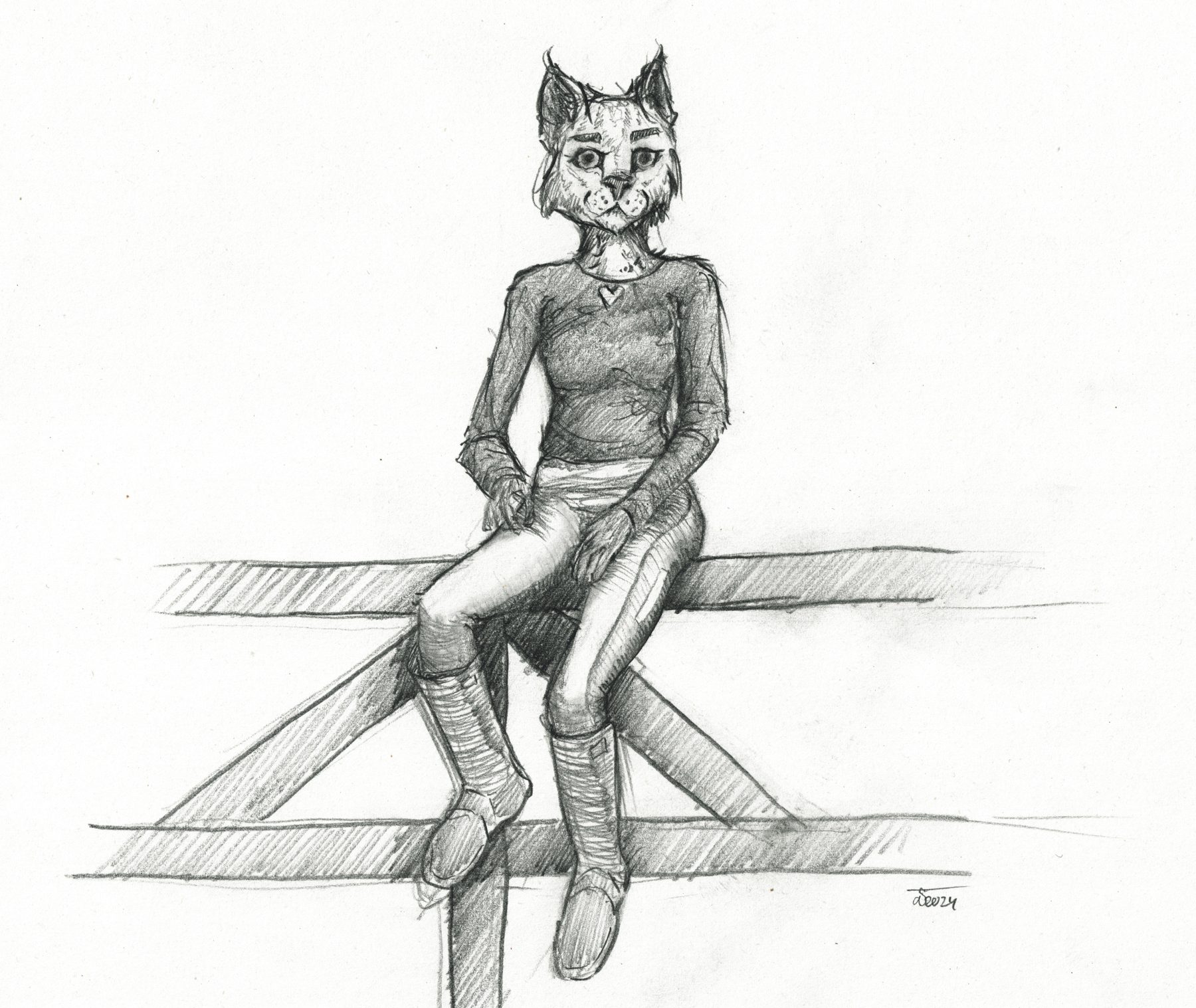 Pencil drawing of an anthro lynx sitting on a fence