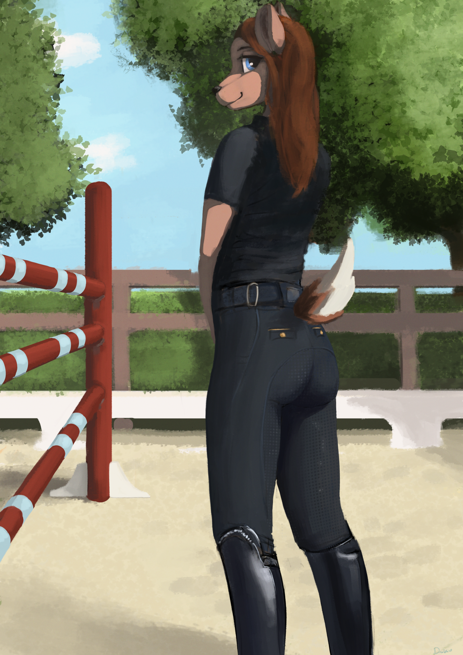 Digital painting of an anthropomorphic wolf as a horse rider standing on a riding field next to a jump
