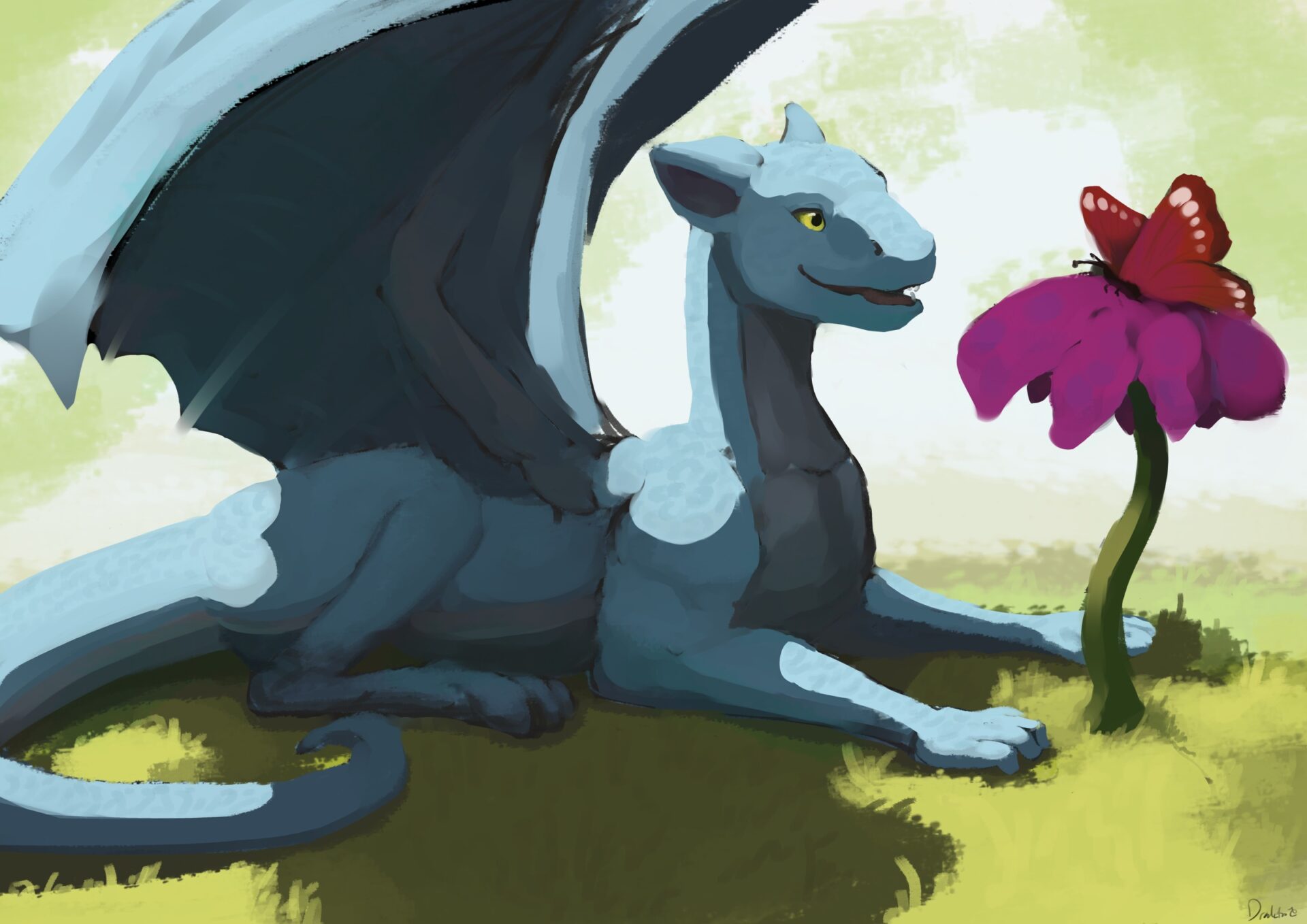 Digital painting of a blue dragon laying on a grass field looking at a purple flower with a red butterfly on it