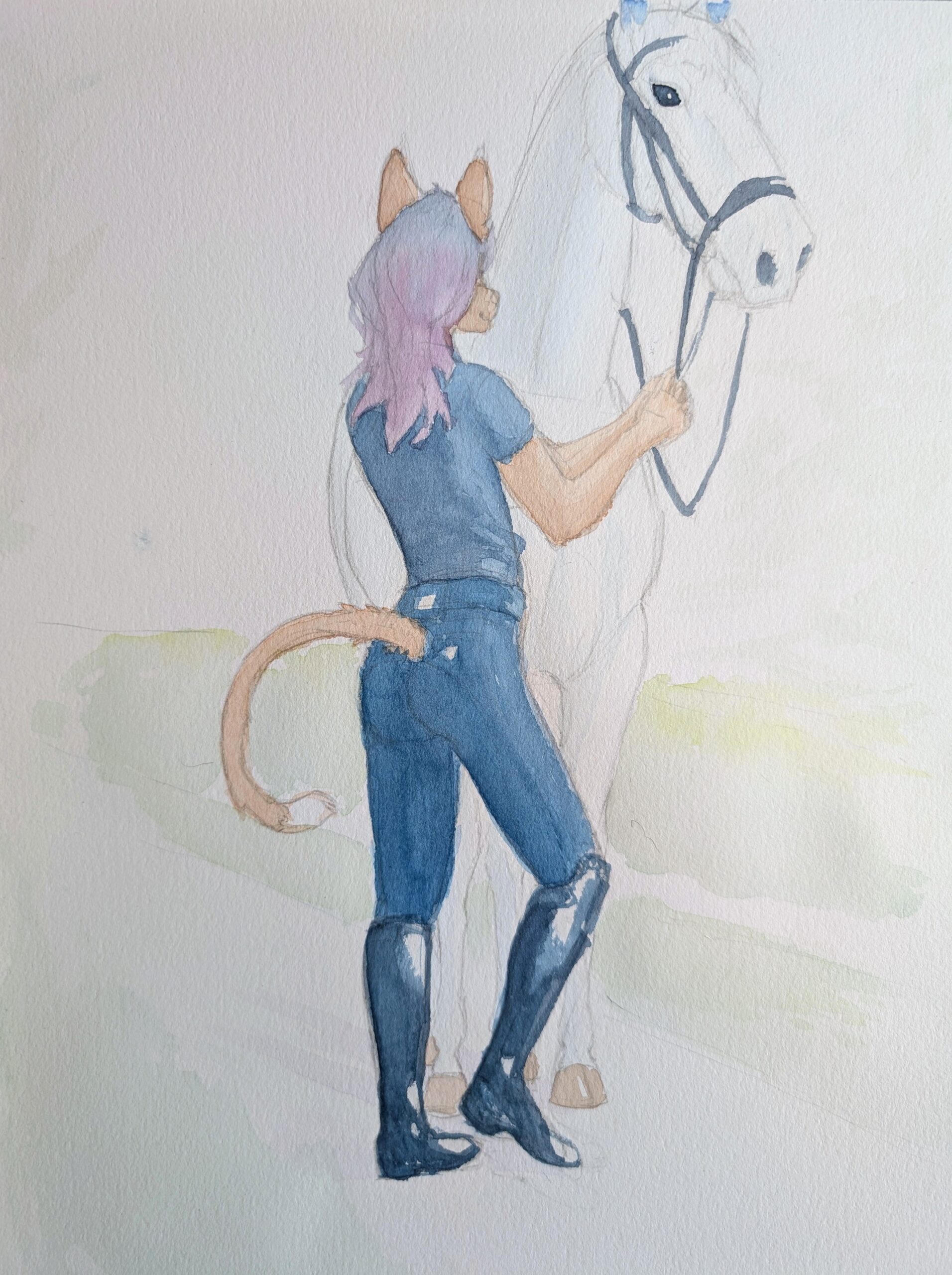 Watercolour painting of an anthropomorphic horse rider plus horse