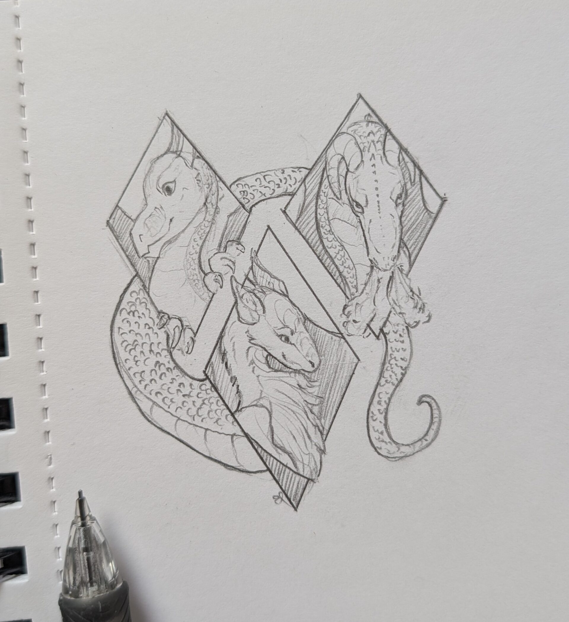 Three dragons portraits in diamond shapes with a tail around them