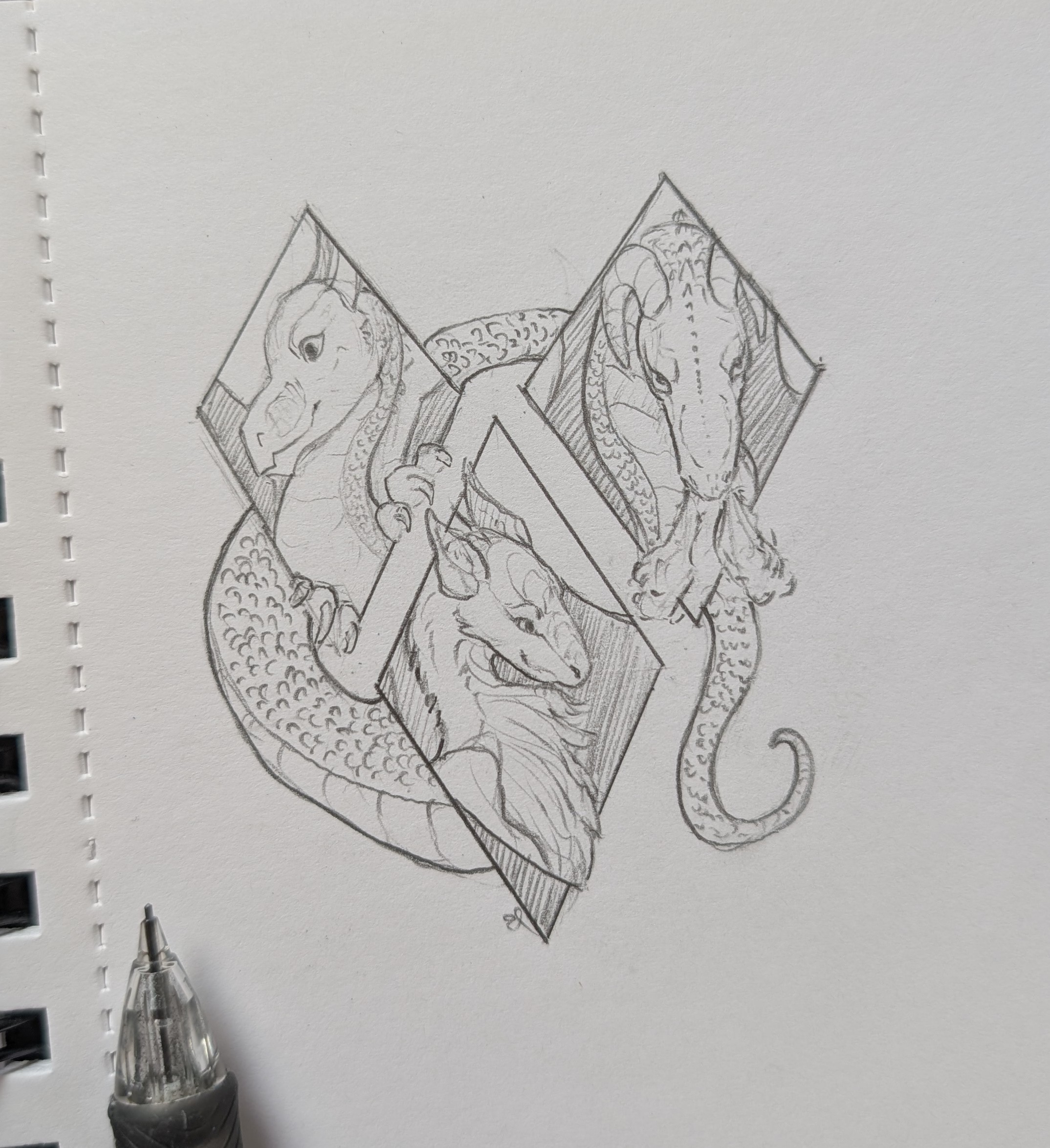 Three dragons portraits in diamond shapes with a tail around them