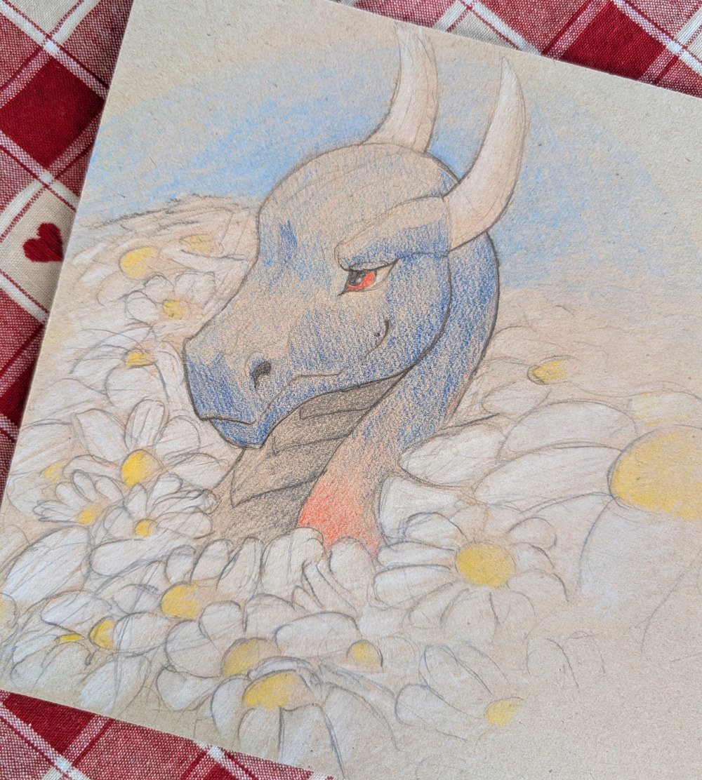 Pencil drawing of a dragon bust surrounded by white flowers