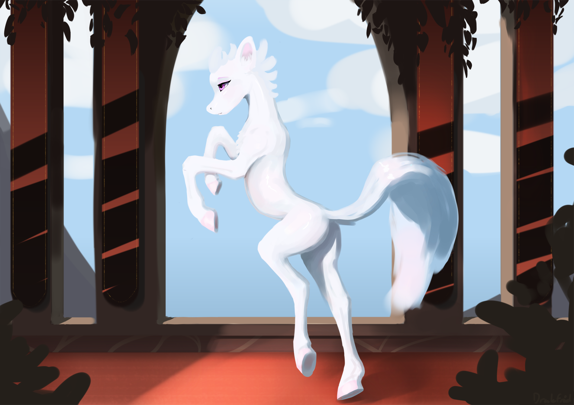 Digital painting of a white pony jump-posing in a castle balcony
